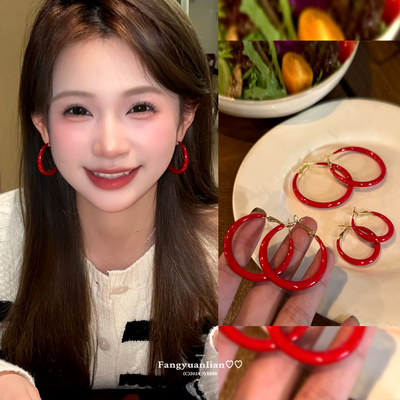 复古港风红色滴油耳圈女