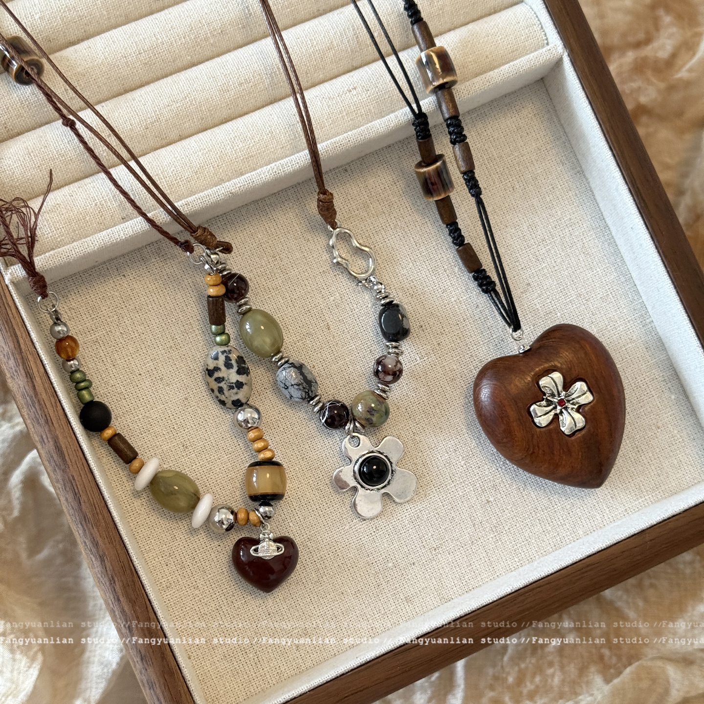 复古民族风串珠木质爱心项链女