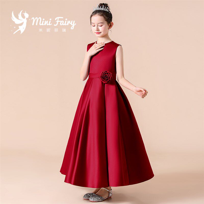 女童晚礼服中大童音乐团演出高端钢琴演奏长款儿童礼服公主裙红色