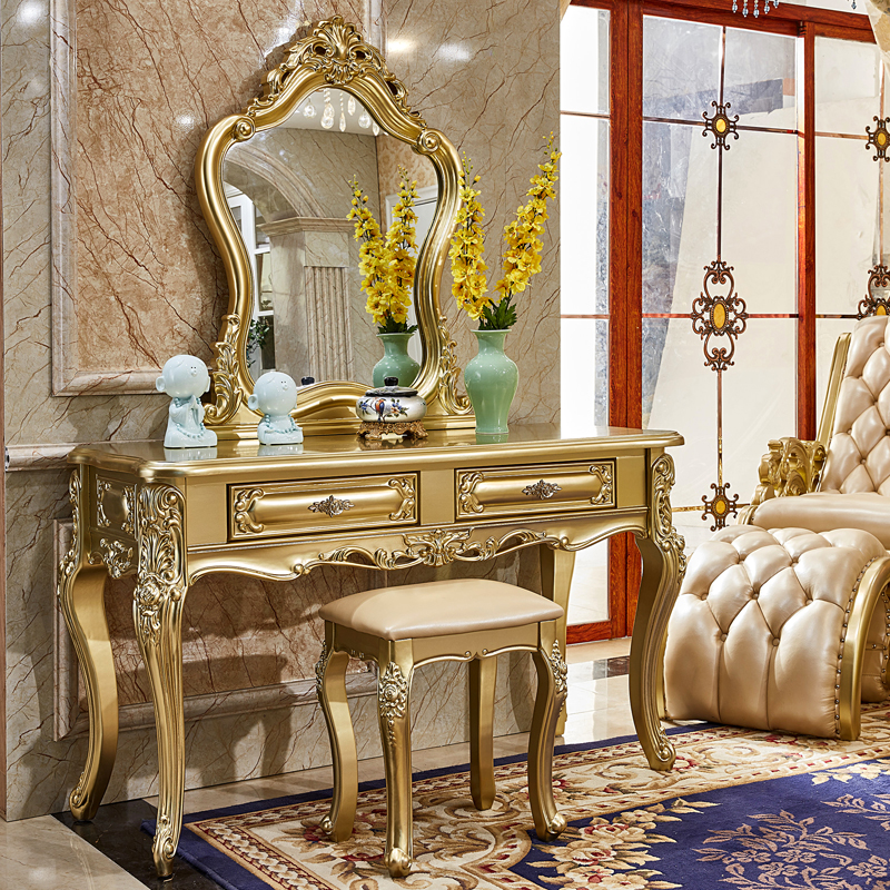 香槟色欧式梳妆台凳子奢华宫廷卧室公主实木化妆台美式雕花包邮