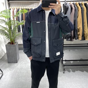 秋季新款拼接撞色牛仔翻领羽绒服男90绒保暖工装外套羽绒衣夹克潮