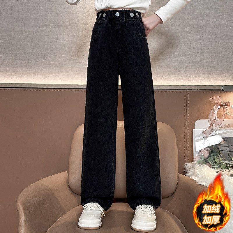 女童加绒加厚牛仔裤冬季2024新款儿童黑色直筒裤大童秋冬款阔腿裤
