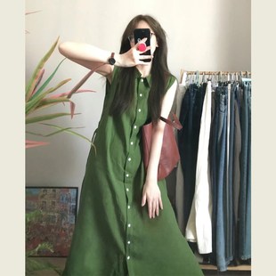 绿色无袖衬衫连衣裙女夏季新款高级设计感宽松显瘦系带气质长裙子