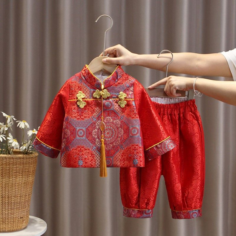 宝宝周岁宴礼服春秋季中式唐装男宝百天抓周服套装女婴儿红色衣服