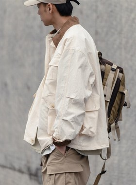 春季美式深绿色复古做旧猎装夹克男多口袋翻领耐磨重磅机能外套