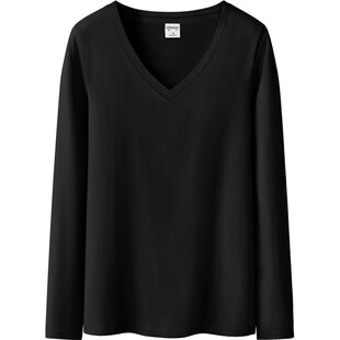 黑色V领打底衫女薄款春秋新款纯棉修身显瘦白色内搭长袖t恤上衣