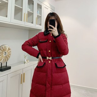 浩可可 午夜玫瑰 羽绒服女红色圣诞单排扣中长款外套