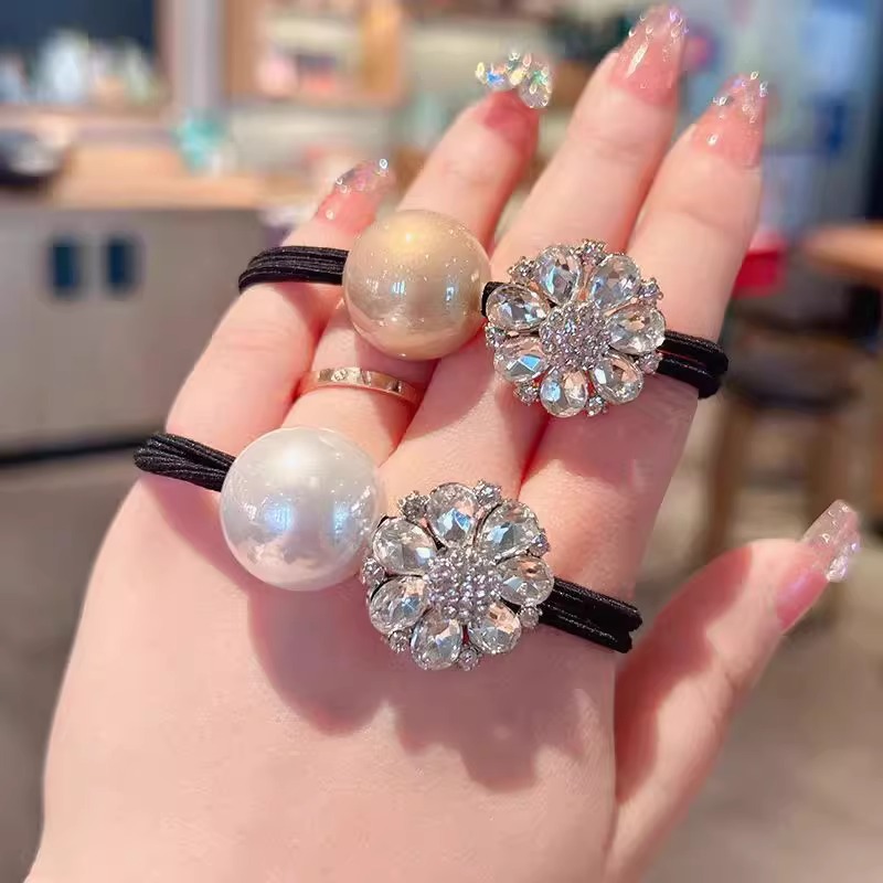 2024款时尚镶钻花朵发绳女气质珍珠丸子头皮筋头饰发圈头绳扎头发