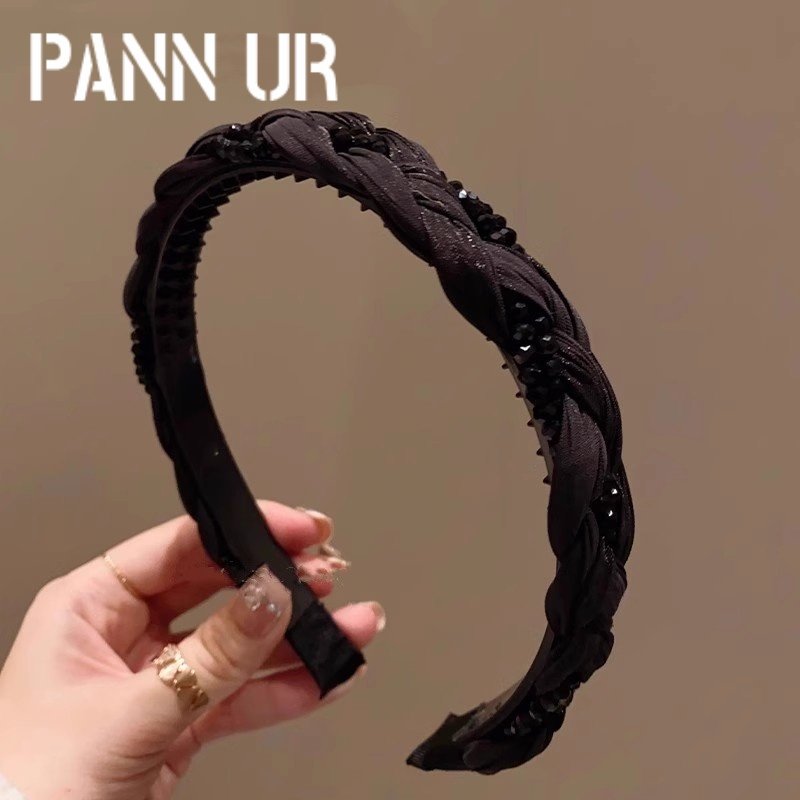 黑色麻花缠绕布艺水晶发箍女士防滑带齿压发洗脸发卡极简百搭头箍