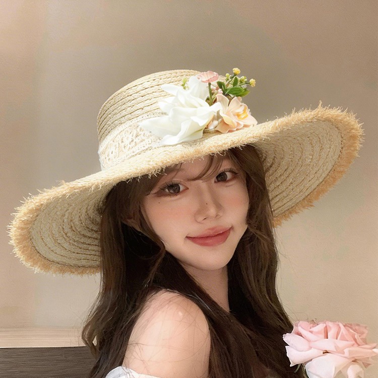 夏季法式甜美大檐防晒草编女帽