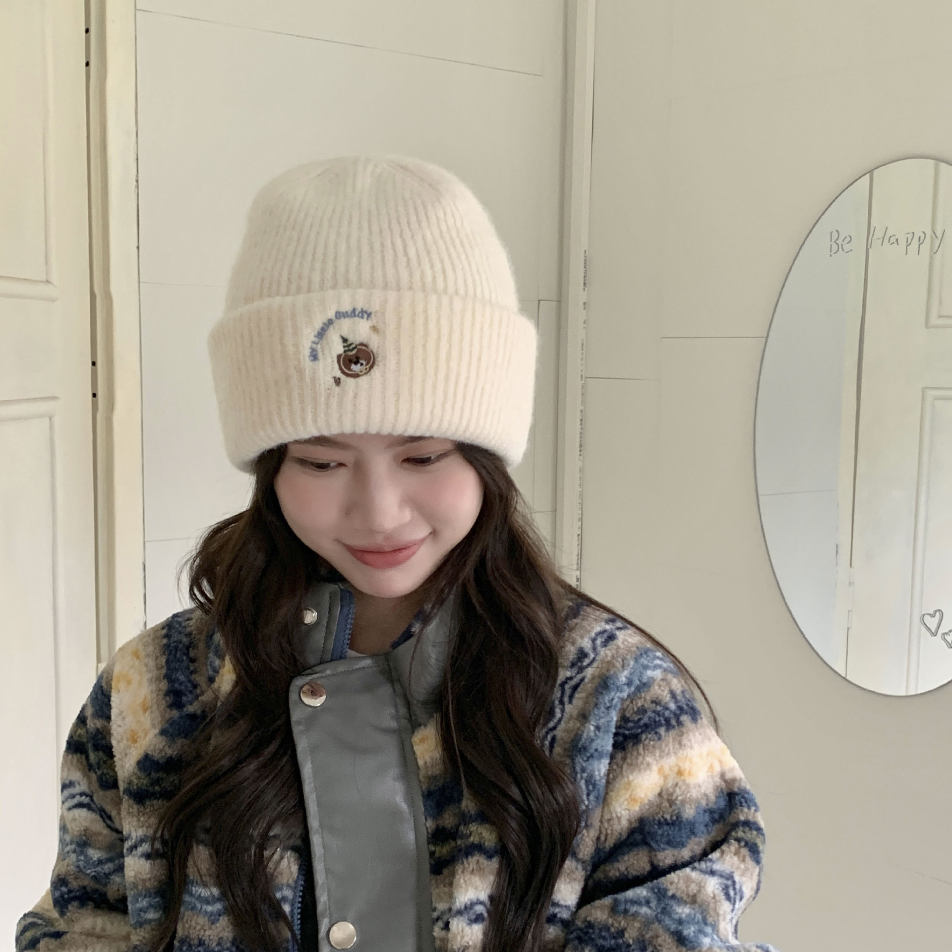 韩系英文小熊刺绣针织帽