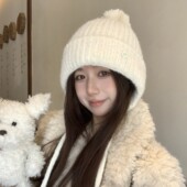 蓝色毛球针织护耳帽女秋冬韩版 百搭显脸小毛线帽加厚保暖包头帽子