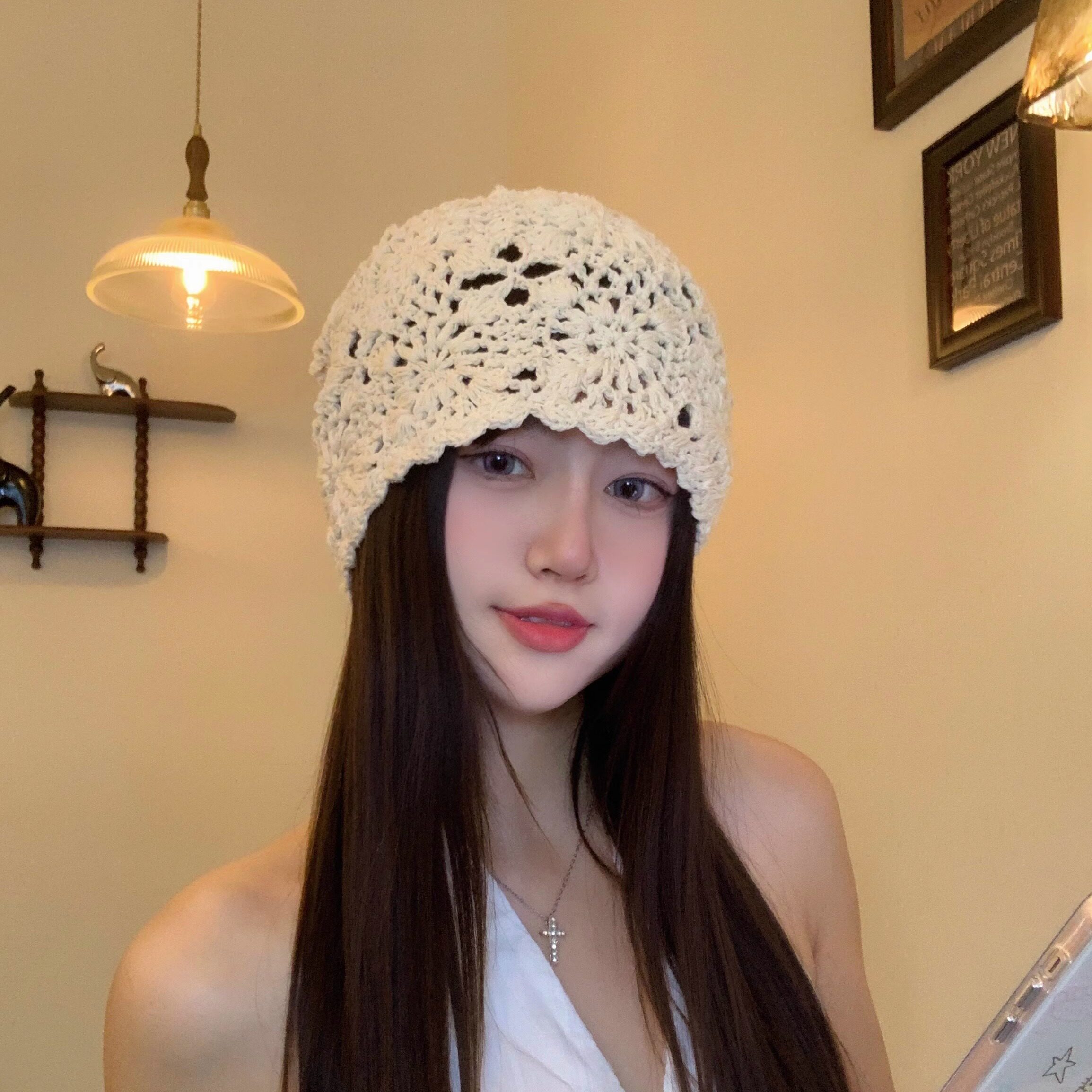 手工钩花镂空针织包头帽子女春夏季日系甜美百搭显脸小堆堆帽