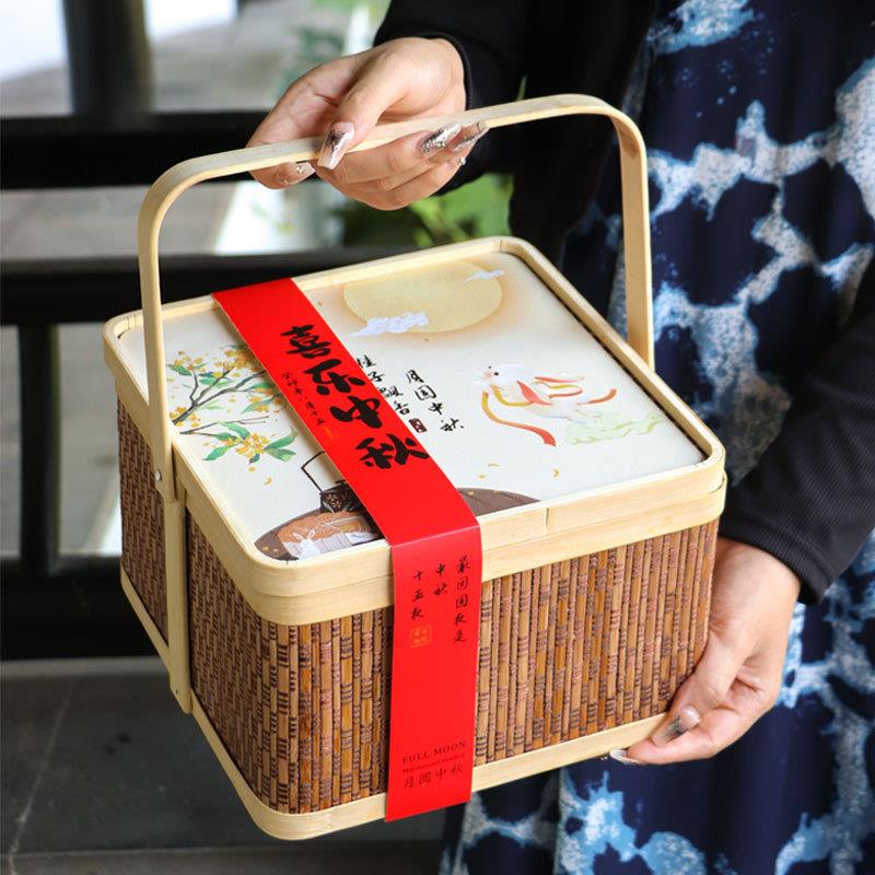 2024高档双层竹编8粒中秋月饼礼盒包装盒苏式冰皮流心月饼盒空盒