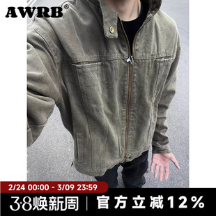 AWRB美式复古重磅立领工装外套男生秋季百搭休闲纯色哈灵顿夹克