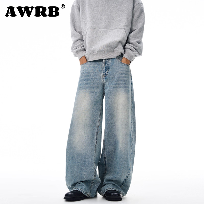 AWRB浅蓝色牛仔裤男款新款潮牌情侣直筒裤子美式重磅宽松休闲百搭