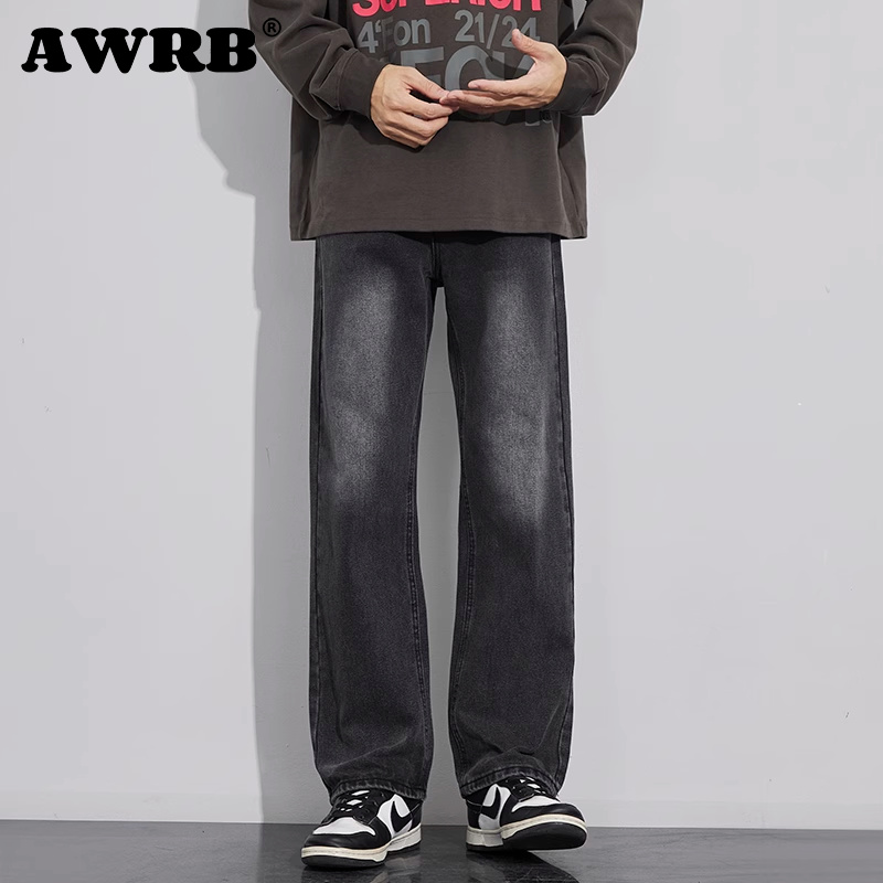 AWRB牛仔裤男黑色美式男款裤子阔腿裤男裤男生春秋休闲直筒裤长裤