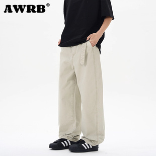 宽男女松直筒弯刀裤 石磨阔腿拖地休闲裤 潮牌 复古腰带款 AWRB美式