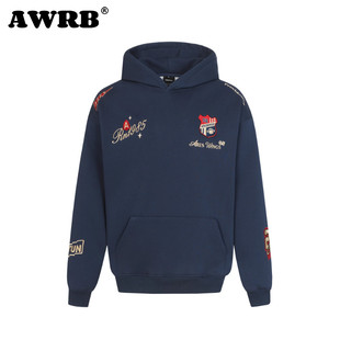 AWRB美式复古刺绣徽章加绒连帽卫衣男女款小众设计感百搭卫衣ins