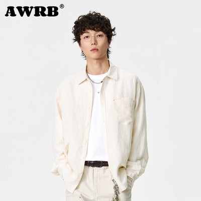 AWRB美式纯色简约亚麻长袖衬衫男春季新款慵懒休闲宽松薄款衬衣
