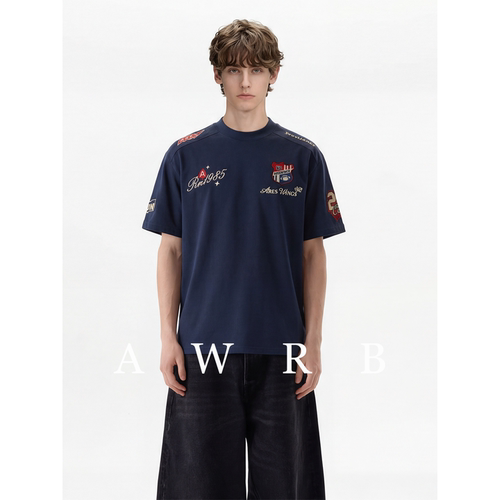 AWRB美式hiphop徽章刺绣短袖男女2026新款情侣半袖上衣设计感小众