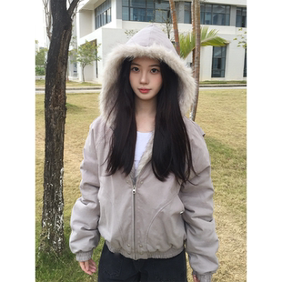 AWRB美式 连帽加厚情侣保暖宽松外套 复古毛领短款 座山雕棉服男女款