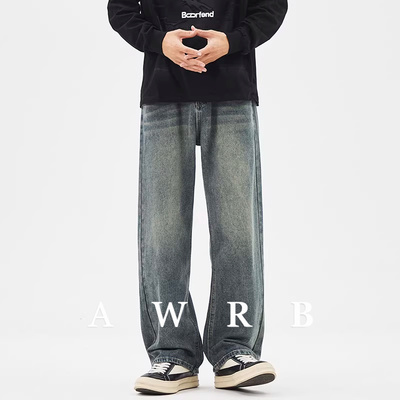 AWRB复古渐变牛仔裤男秋冬美式高街休闲潮流百搭直筒阔腿裤