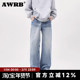 男宽松直筒阔腿拖地长裤 AWRB美式 复古水洗闪电纹做旧牛仔裤 子