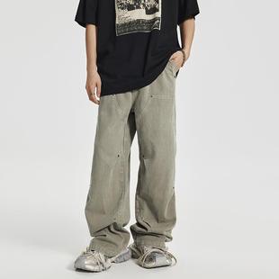 AWRB水洗豆绿色宽松直筒牛仔裤 潮 男美式 复古解构拼接铆钉设计长裤
