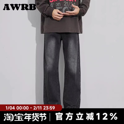 AWRB牛仔裤男黑色美式男款裤子阔腿裤男裤男生春秋休闲直筒裤长裤