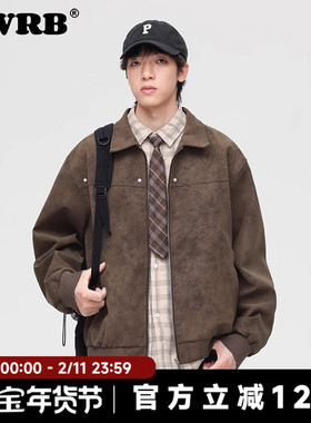 AWRB美式复古翻领皮衣男春秋季新款潮牌宽松百搭潮流夹克休闲外套
