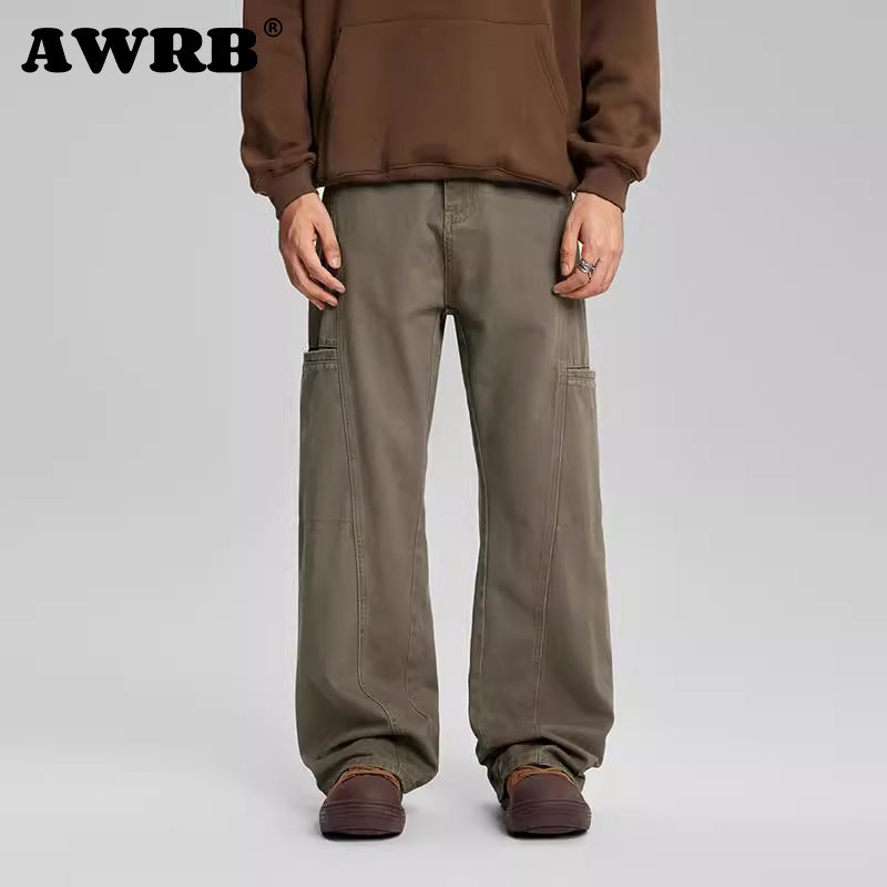 AWRB美式复古水洗做旧牛仔裤男宽松直筒高街潮牌百搭阔腿伐木裤