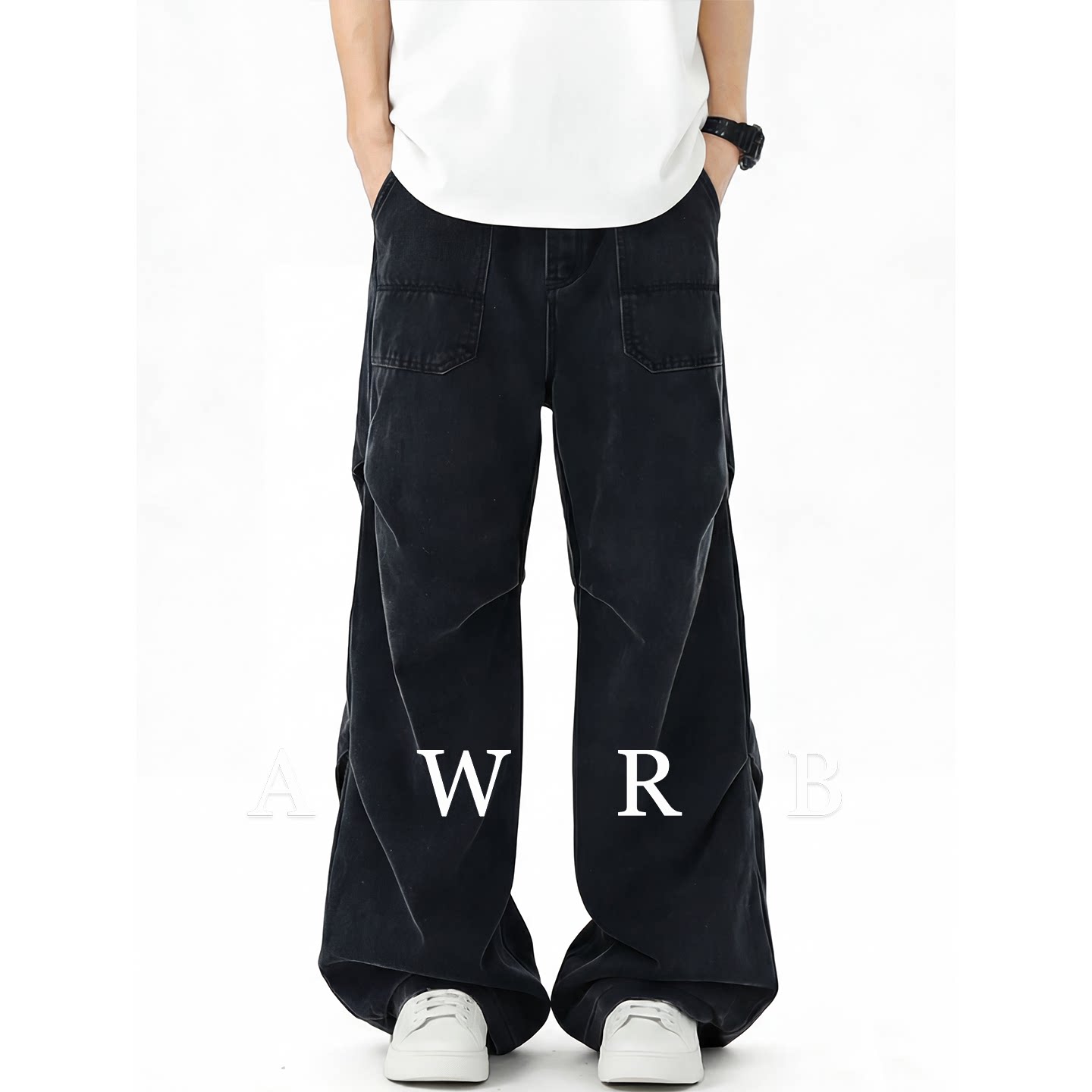 AWRB宽松阔腿褶皱牛仔裤男春秋季水洗深色口袋工装设计感休闲裤子
