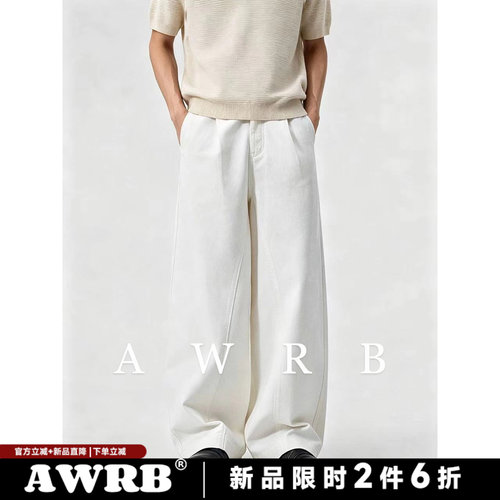 AWRB美式复古阔腿拼接弯刀裤男春季新款宽松长裤微弹休闲牛仔裤