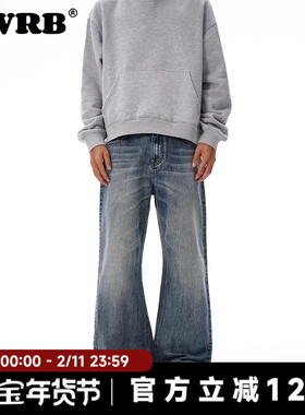 AWRB复古水洗cleanfit蓝色微喇牛仔裤男潮牌美式阔腿百搭休闲裤