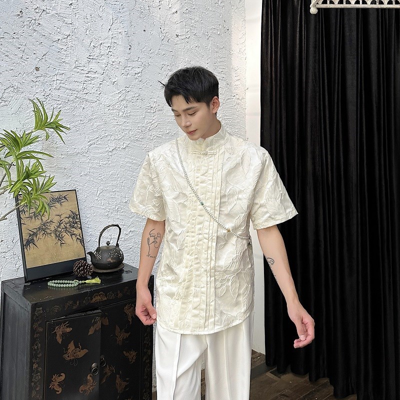 夏季新中式锦缎立体提花盘扣立领短袖男女衬衣皱褶设计感国风衬衫