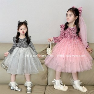 女童闪闪亮片网纱公主裙2024秋冬新款女孩加绒蓬蓬连衣裙表演礼服