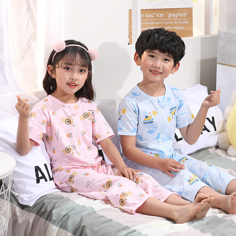 儿童连体睡衣连体衣夏季纯棉短袖薄款男童女童宝宝中大童空调睡衣