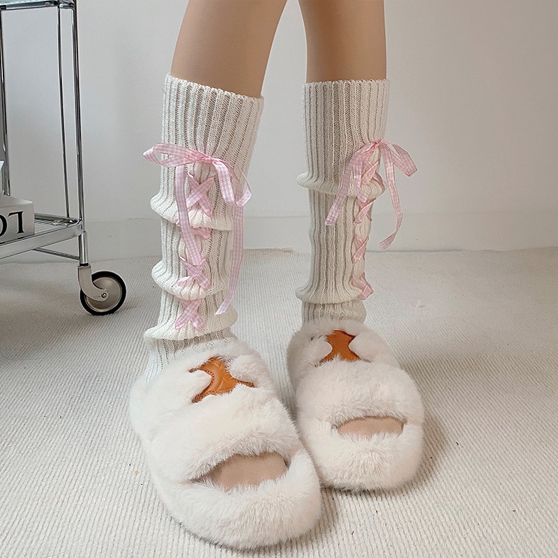 夜间教习室绑带袜套女款冬季白色堆堆袜子保暖长筒针织jk小腿腿套