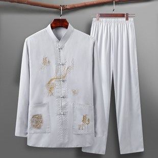 套装 长袖 中老年爸爸中式 衬衫 唐装 老人衣服中国风爷爷夏装 男薄款