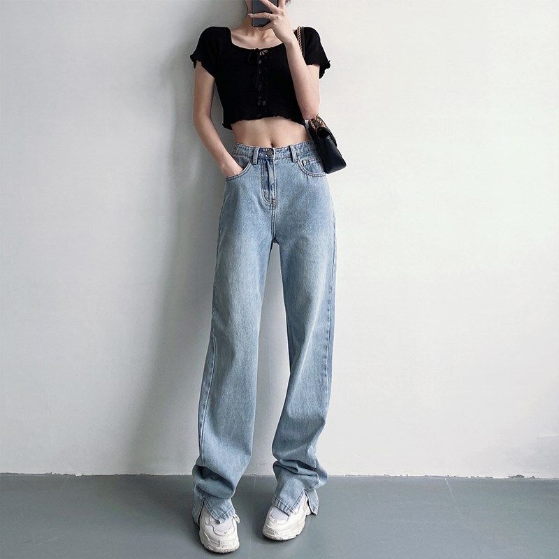 高腰显瘦蓝色开叉宽松直筒175高个子加长拖地牛仔裤女窄版阔腿裤