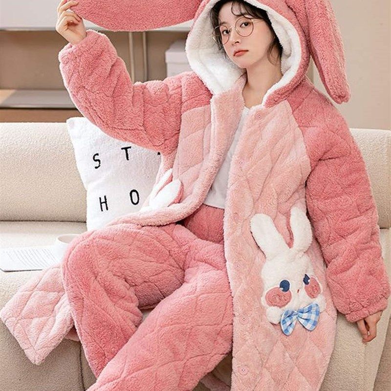 冬季加厚加绒三层夹棉保暖睡衣两件套男女可爱卡通粉兔兔连帽睡袍