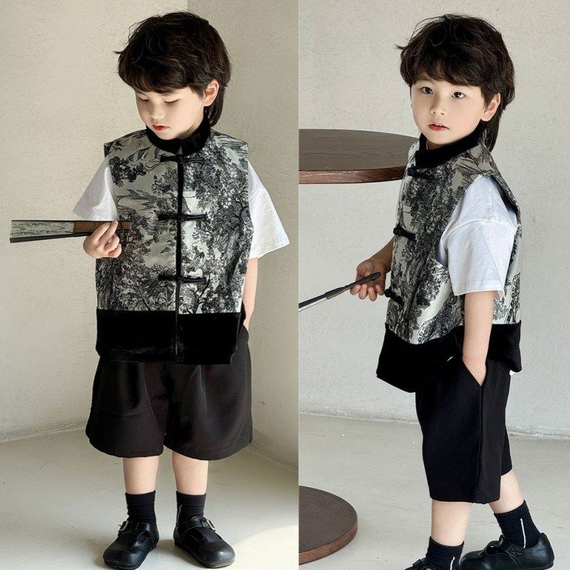 儿童中山装国风套装新中式主持人男童夏季西装小礼服西服模特走秀