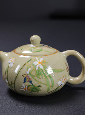 米黄汝窑大号梅兰竹菊西施壶功夫茶具茶壶泡茶家用陶瓷凤鸣壶单壶