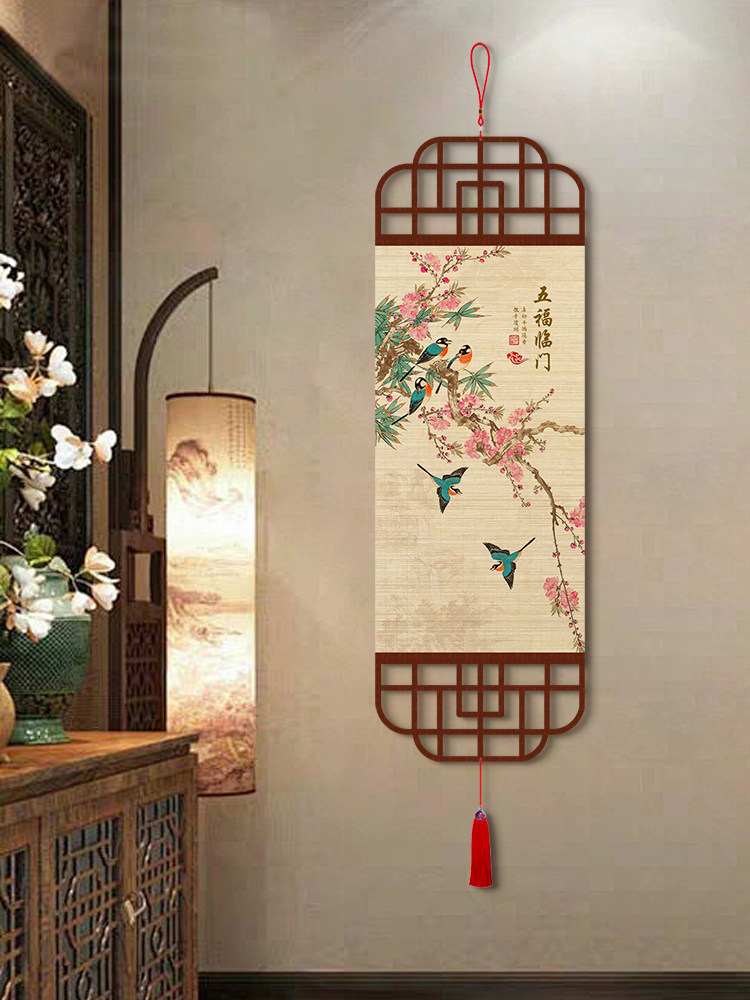 中国鸟语花香画竹帘画入口装饰画竹帘画茶室客厅书房竹帘画