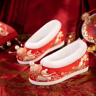 加绒汉服鞋子女古风内增高珍珠翘头履搭配马面改良绣花棉鞋女冬季