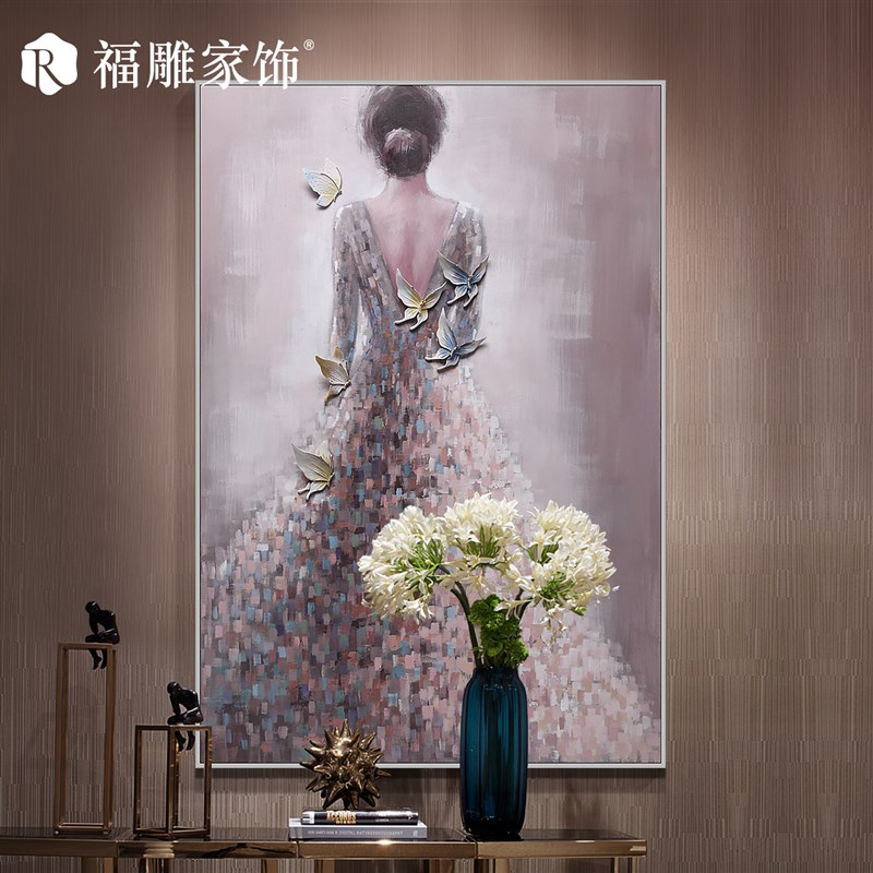玄关墙面装饰走廊竖n版立体浮雕人物油画挂画美女过道壁画装饰画图片