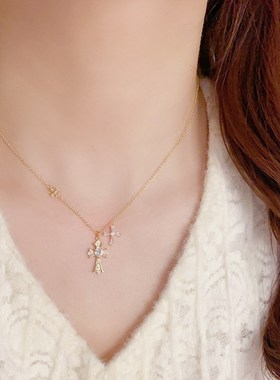 韩版精致气质时尚锆石双十字架吊坠项链个性轻奢百搭高级感锁骨链