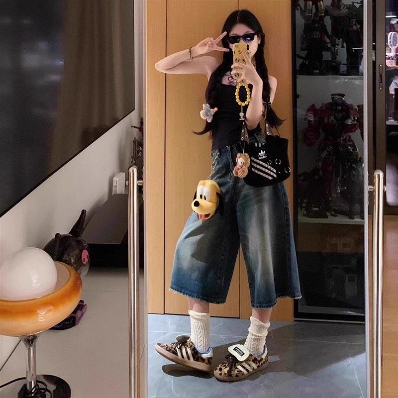 美式复古水洗做旧折痕七分牛仔裤女夏季阔腿八分中裤直筒梧桐短裤,女装/女士精品,牛仔裤,淘宝优惠券,粉丝福利购,淘宝优惠卷