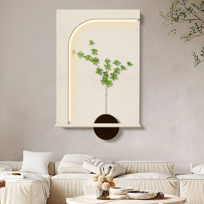 侘寂风客厅装饰画立体砂岩实物灯画绿植沙发背景墙挂画玄关灯光画